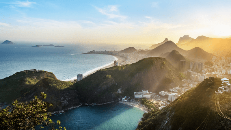 THE MOST BEAUTIFUL PLACES TO VISIT IN THE WORLD BY PRIVATE JET AFTER COVID-19 - Brazil, Aerial view of Rio de Janeiro Coast with Copacabana and Praia Vermelha beach at sunset - Rio de Janeiro, Brazil